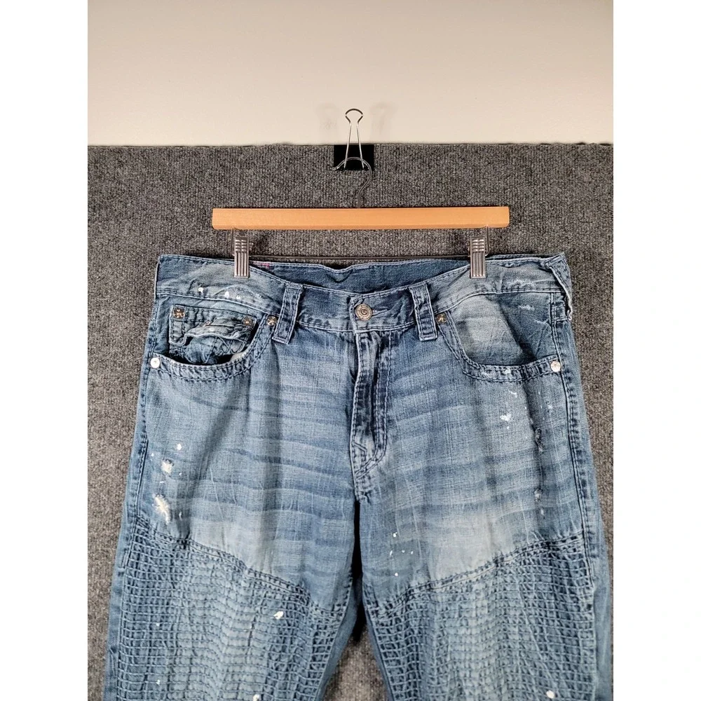 True Religion Moto Slim Big T Jeans Mens 38x32 Blue Biker Distressed Y2K Stretch
